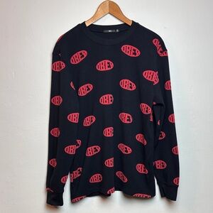 Obey Long Sleeved Men’s Black Waffle Knit Sweatshirt Red Oval Logo Print Medium